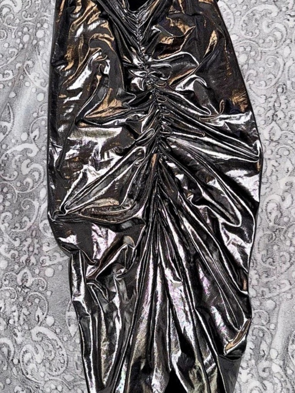 Sincerely Jules Metallic Silver Black Ruched Midi Skirt Size M NWT - Picture 2 of 3